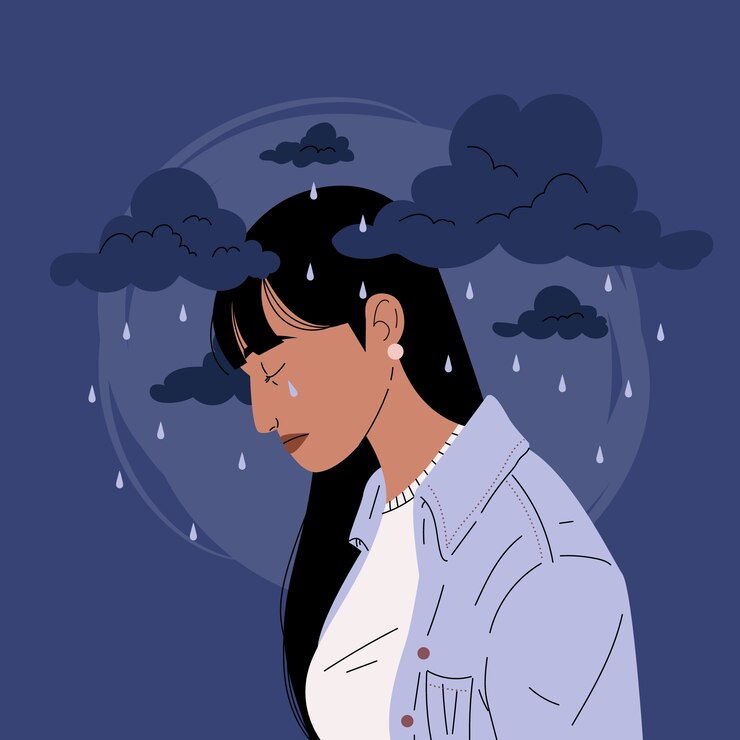 Vector 雨と雲で悲しんで落ち込んでいる女性