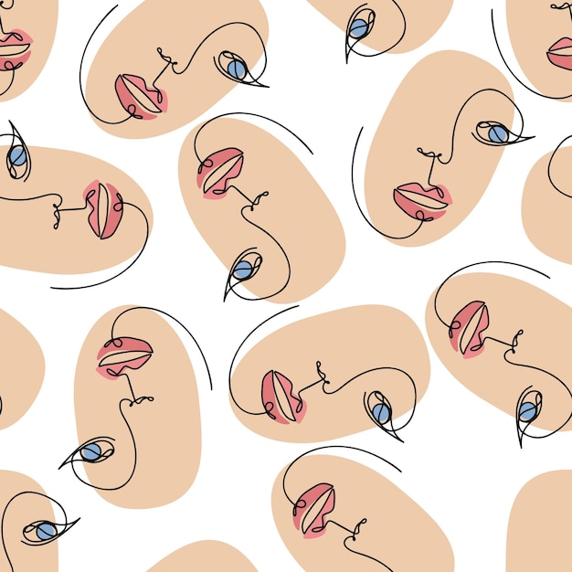 Woman Female One Line Face Seamless Pattern Background