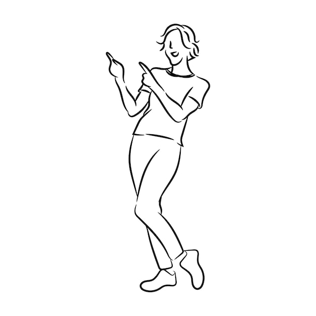 Woman female pointing empty space line hand drawn sketch vector flat design illustration