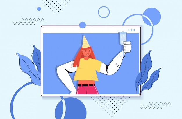 Vector woman in festive hat celebrating online birthday