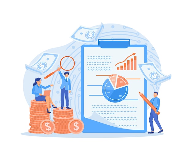 Woman fills out financial bookkeeping managers and accountants calculate debits and credits accounting concepts flat vector illustration