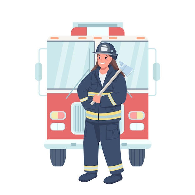 Woman firefighter flat color detailed character. Gender equality at workplace. Female fireman holding equipment isolated cartoon illustration for web graphic design and animation