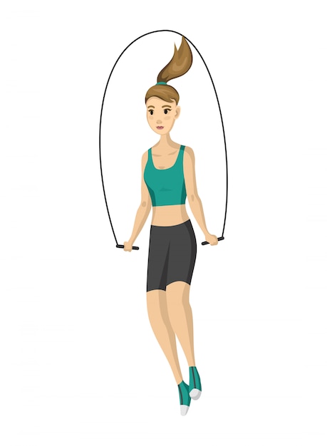 Vector woman fitness.  girl doing sport physical exercise. workout aerobic fitness with skipping rope. active and healthy life concept