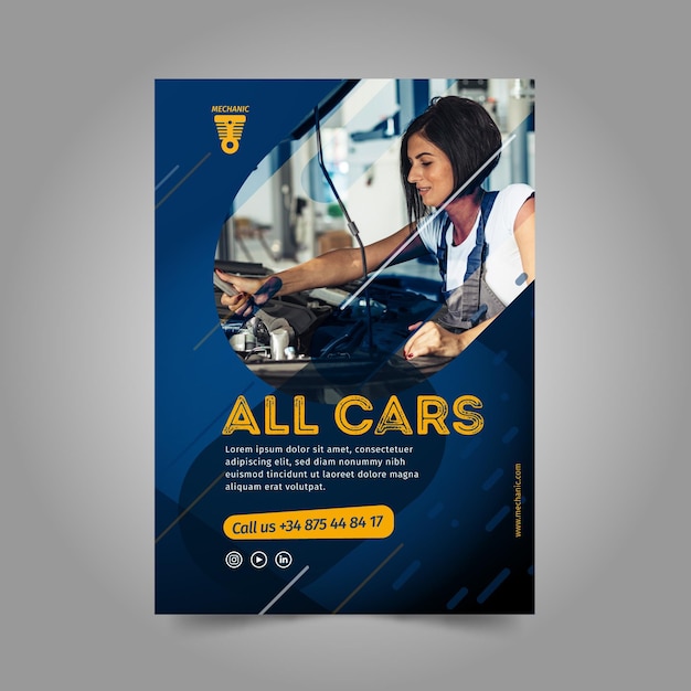 Vector woman fixing a car flyer template