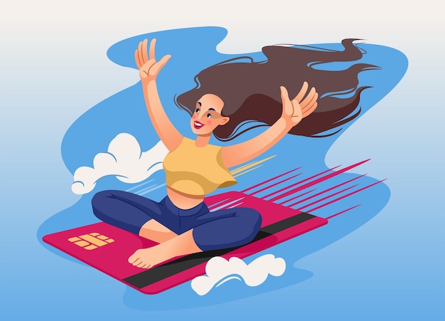 Woman flies through sky on plastic credit card enjoying ease of making cashless payments