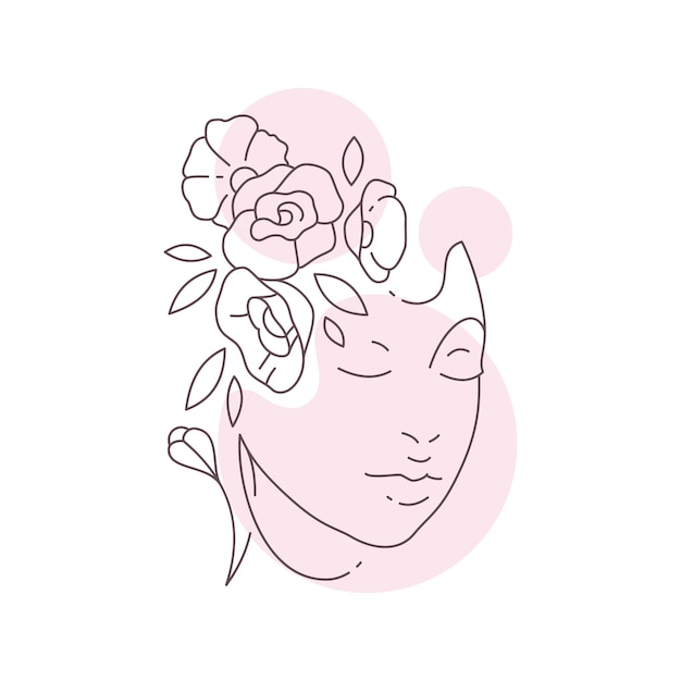 Вектор Портрет женской цветочной прически с розовыми пастельными цветовыми пятнами непрерывной линии в стиле арт-логотипа векторная иллюстрация женская цветочная голова эстетическая минимальная икона для красоты органическая косметика по уходу за кожей