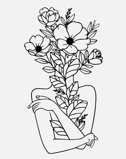 Woman and flowers line art