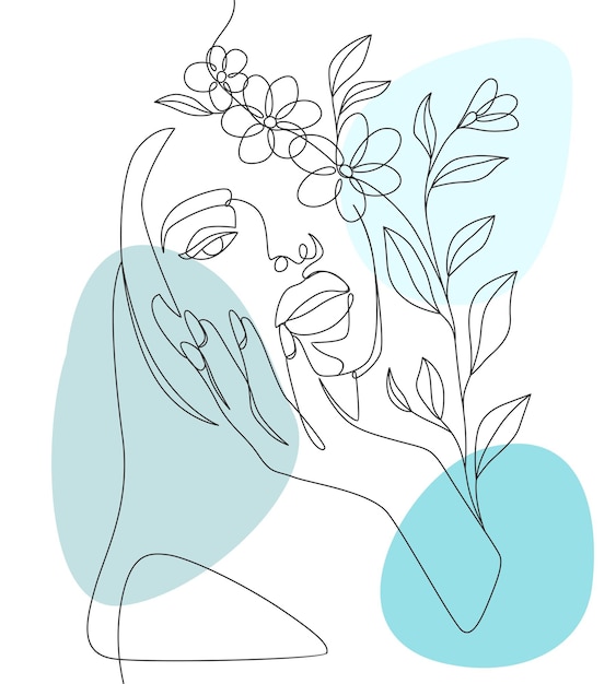 Woman and flowers minimally drawn in line art style a
