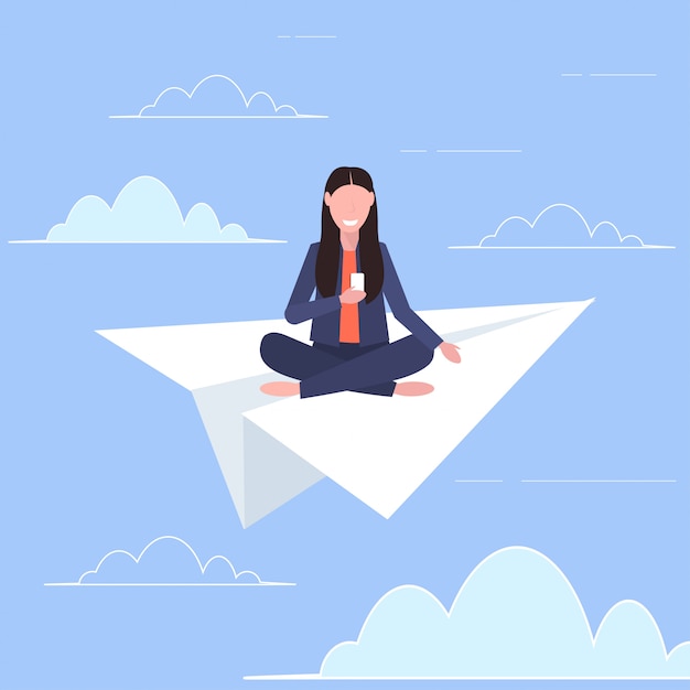 Woman flying on paper airplane smiling girl using smartphone traveling digital addiction web surfing concept flat full length vector illustration