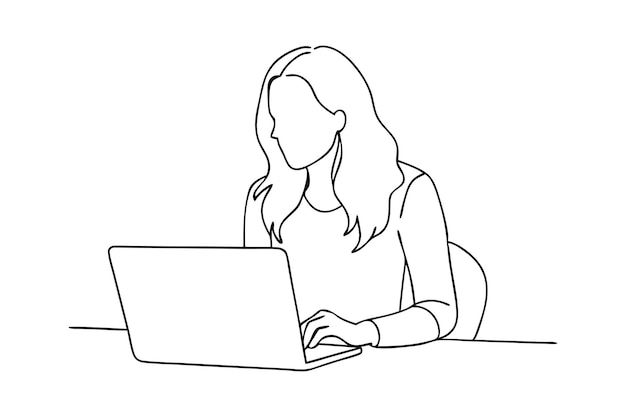 ノートパソコンに焦点を当てた女性 継続的なラインアート フラットベクトルイラスト