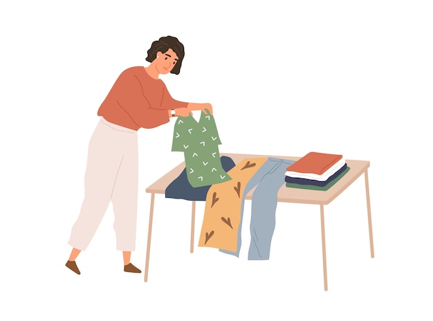 Vector woman folding used clothes, selecting them for charity and preparing for sale. person choosing garment for donation and resale. female clearing out wardrobe. flat vector illustration isolated on white