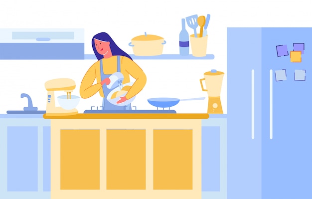 Vettore blogger dell'alimento della donna che cucina nella cucina moderna.