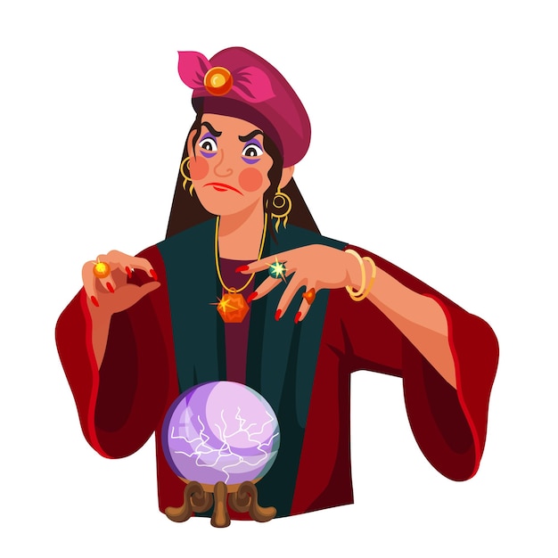 Woman fortuneteller with magic ball isolated on white bsckground Gypsy mystic magician future telling magic astrology supernatural fate concept