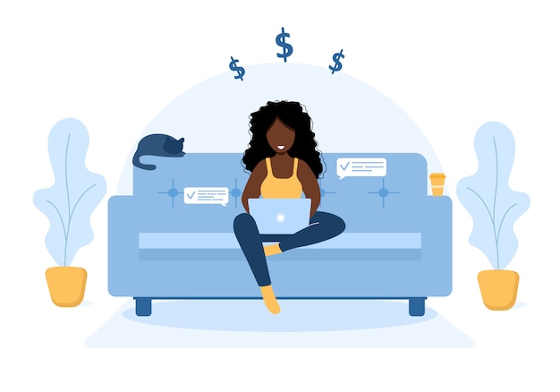 Женщина внештатная. девушка с ноутбуком, сидя на диване. концепция иллюстрации для работы, онлайн-образования, работа на дому, здорового образа жизни. иллюстрация в плоском стиле.