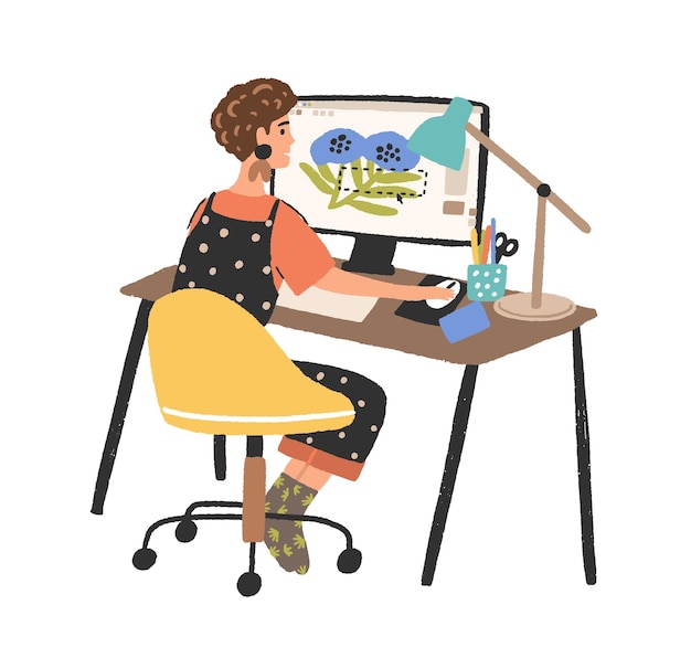 Woman freelance graphic designer working use computer vector flat illustration. Creative young female depict image in digital program isolated on white. Cute girl design creator at workplace.