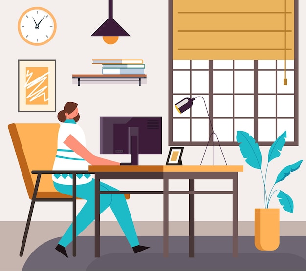 Woman freelancer character working and studying at home office. 