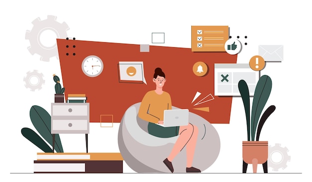 Vector woman freelancer concept young girl sitting with laptop in apartment character work from home online