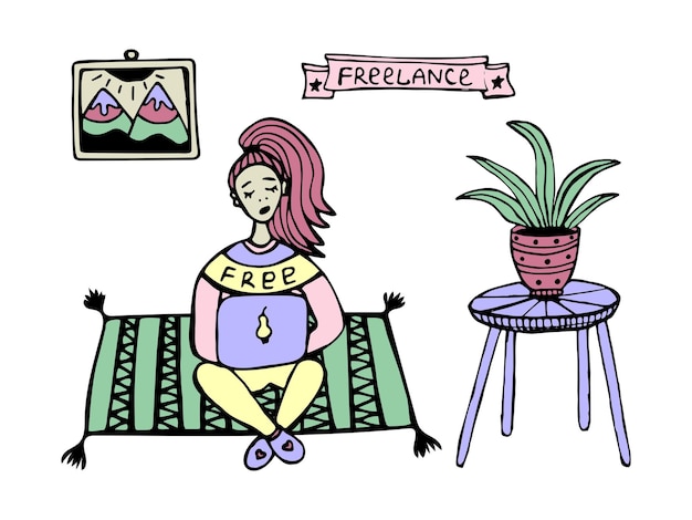 Woman freelancer at home, colorful illustration