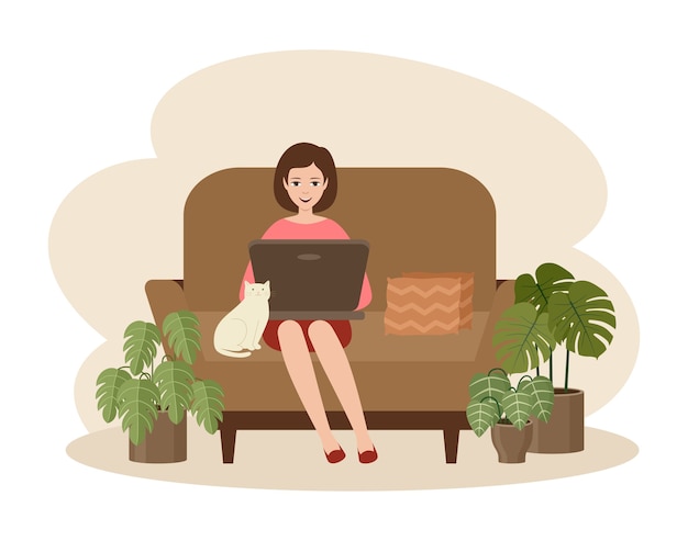 Vector woman freelancer with a laptop sitting on a sofa