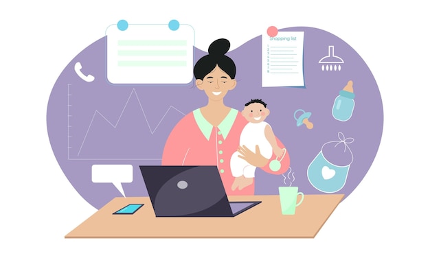 Woman freelancer working from home with child Balance between work and motherhood