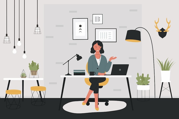 Woman freelancer working at home illustration