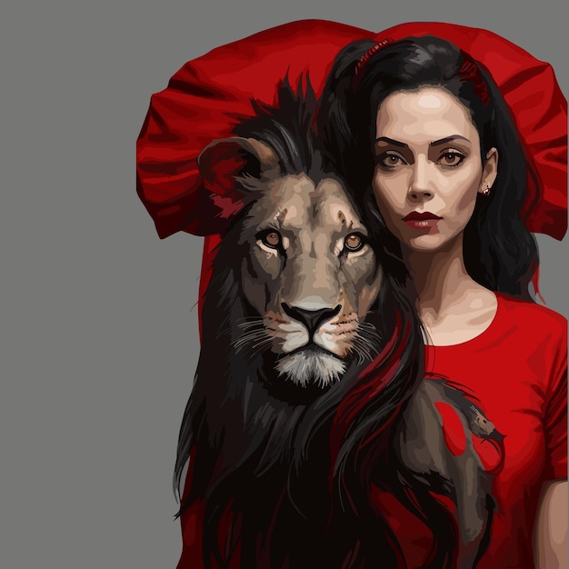 Vector woman from black with black lion red tshirt