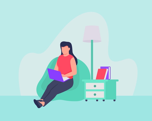 Женщина от концепции дома работы которая сидя на софе использует компьтер-книжку