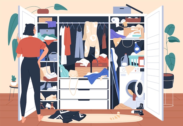 Woman in front of messy untidy wardrobe. mess and chaos in open closet. person looking inside cupboard with lot of cluttered, disordered and disorganized clothes storage. flat vector illustration.