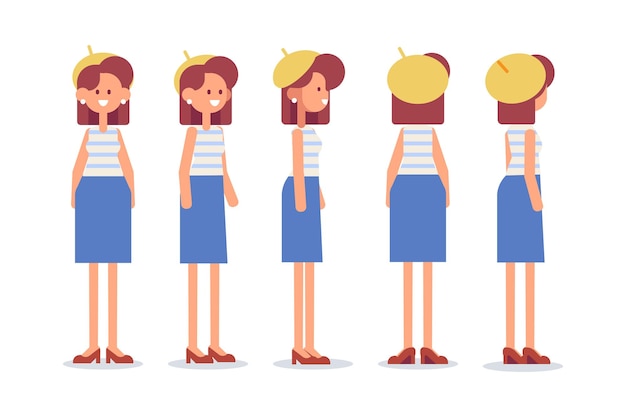 Woman front side back view flat vector character for animation separate body parts