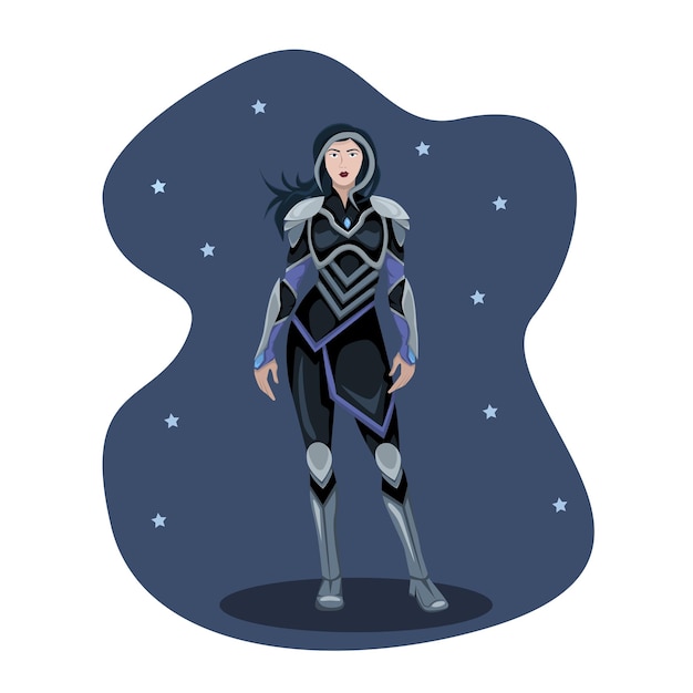 Woman in full length armor among the stars