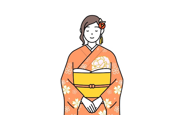 Vector woman in furisode bowing with folded hands