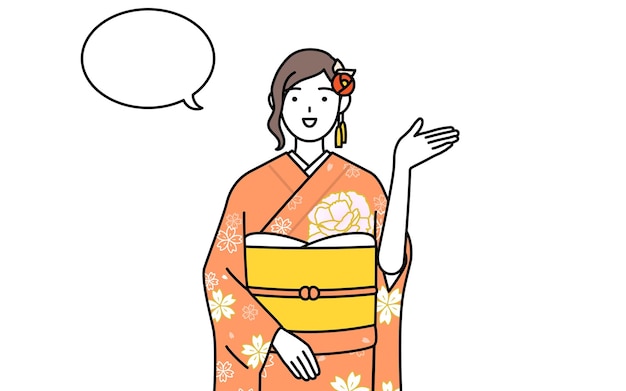 Vector woman in furisode giving directions with a wipeout