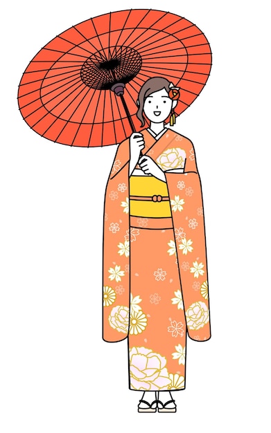 Woman in furisode is holding a Japanese umbrella with smile