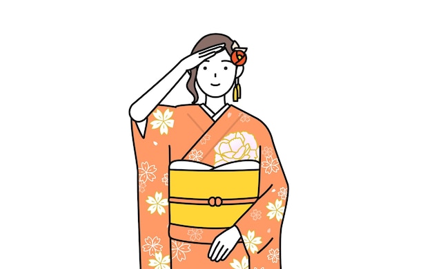 Vector woman in furisode looking into the distance