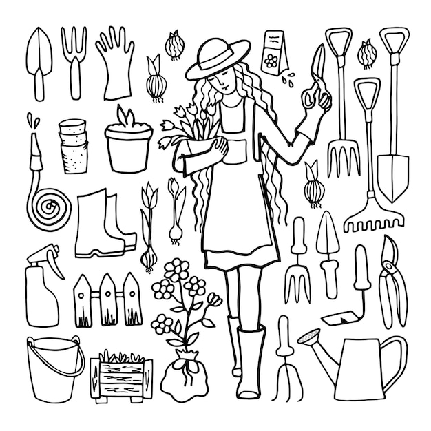 Donna giardiniere e attrezzi da giardinaggio, disegno in bianco e nero in stile doodle.