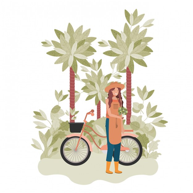 Woman gardener with trees and bicycle