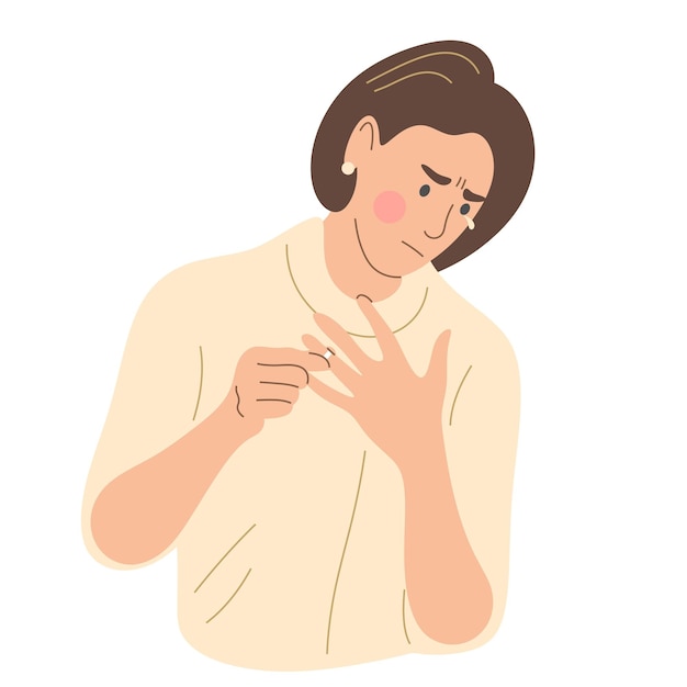 Vector the woman gets divorced cries and takes the ring off her finger flat vector illustration