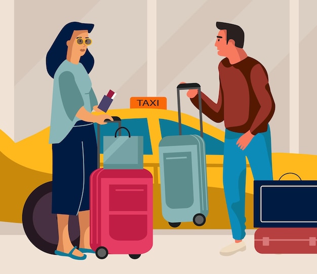 Woman gets into taxi cartoon chauffeur and passenger with luggage standing near ordered automobile driver helping tourist with suitcases travel to airport by car vector illustration