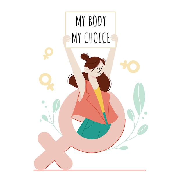 Woman or girl holding a poster over her head with the inscription my body my choice protest against the ban on abortion abortion rights activist banner my body is my choice vector illustration