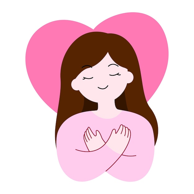여성이나 소녀가 자신을 포옹하는 만화 정신 건강과 자신을 사랑하는 의료 건강 및 일러스트의 개념