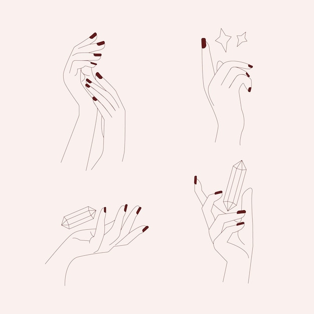 Woman girl nail beauty hand gestures line drawings