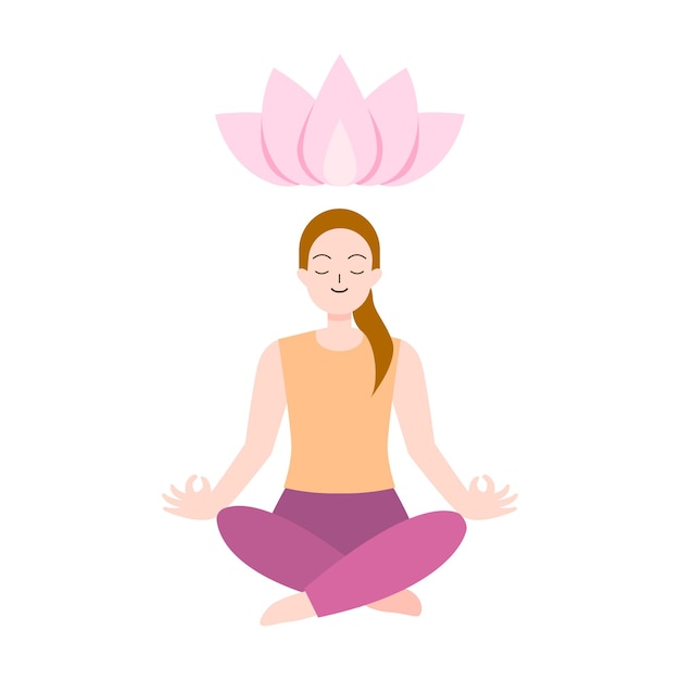 Vector woman or girl practicing meditation or doing yoga mindfulness and mental health concept for illustration