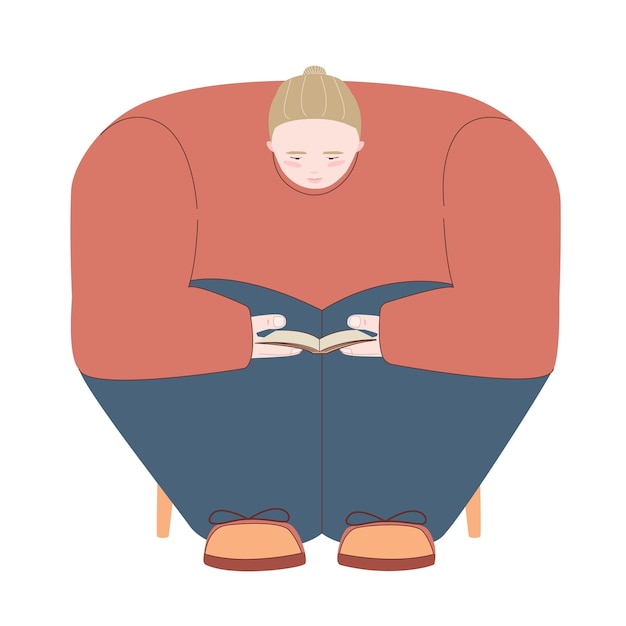 Woman, girl reading, modern flat illustration, disproportionate body, hobby, pastel colors, isolated