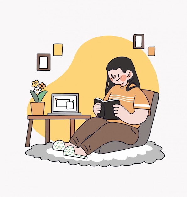 Женщина Девушка сидит на стуле обучения чтению книги на дому Иллюстрация