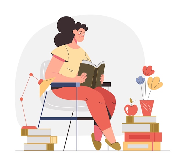 여자 여자 학생 캐릭터 읽기 책 플랫 현대적인 스타일의 그래픽