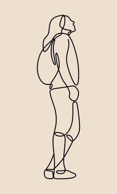 Woman girl wear backpack oneline continuous single line art