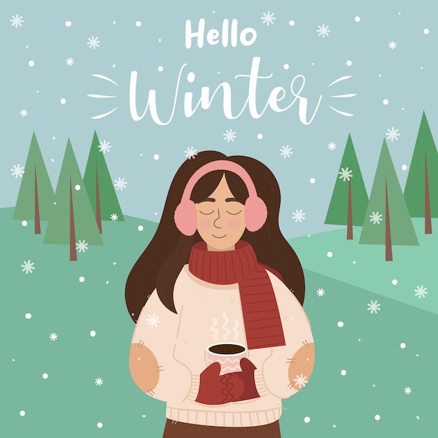 Vector woman,girl in winter cloth with cup of hot drink in her hands. falling snowflakes.