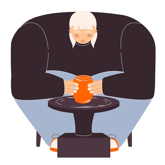 Woman, girl, with potter's wheel, making a jug, modern flat illustration, disproportionate body