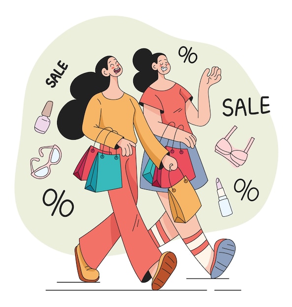 woman girls friends making shopping purchases with big sale