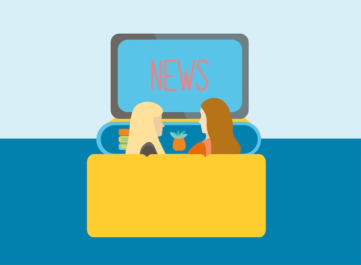 Vector woman and girls watching tv news on the sofa people and news vector illustration in cartoon style